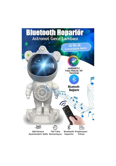 Projeksiyon Gökyüzü Gece Lambası Astronot Bluetooth Hoparlör Hareketli Galaxy Bulutsu Zamanlayıcılı Beyaz