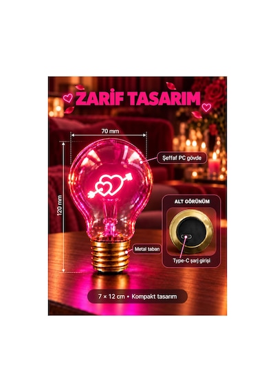 Oklu Kalp Şeklinde Neon Dekoratif Masa Lambası Ampul Şeklinde Yeni Nesil Aydınlatma Çok Renkli