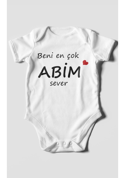 Beni En Çok Abim Sever Baskılı Bebek Zıbını Çıtçıtlı Body %100 Pamuk Kısa Kol Beyaz