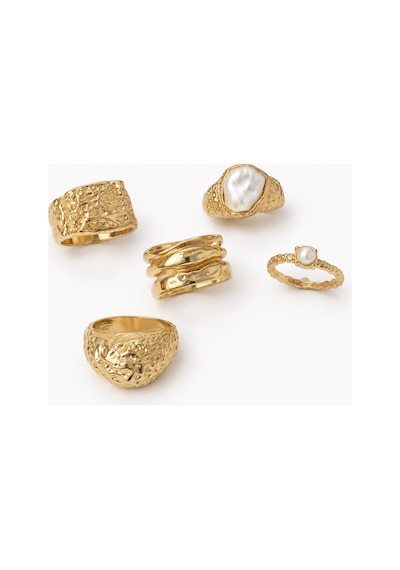 Tamore Gold 5 Li İnci Taşlı Yüzük Seti Vintage Elegant Kombin