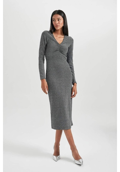 Defacto Bodycon Basic Düz Vücudu Saran V Yaka Payetli Kumaş Midi Uzun Kollu Elbise B4699AX23WNGR452