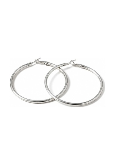 Gümüş Renk 56 Mm Çelik Düz Klasik Halka Küpe - Minimalist Klipsli Halka Küpe