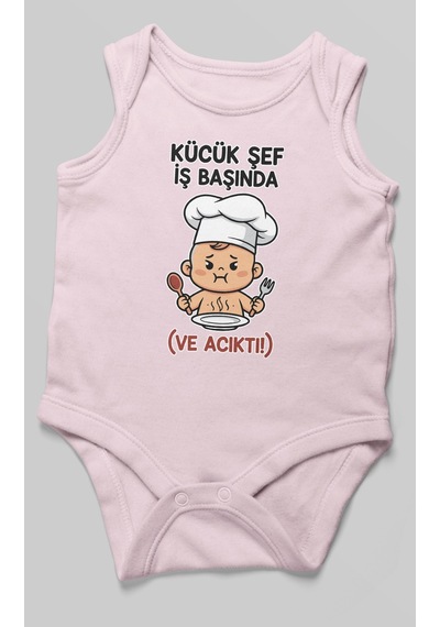 Küçük Şef İş Başında Ve Acıktı Baskılı Bebek Zıbını Çıtçıtlı Body 8 Renk %100 Pamuk Sıfır Kol Bebe Pembe