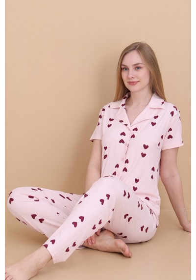 Wordex Mirano 9511 Kalpli Pembe Pegasus Kumaş Düğmeli Kısa Kolu Kadın Pijama Takımı