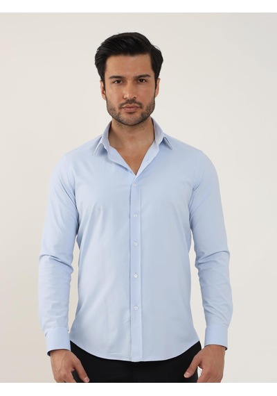 Dufy Mavi Erkek Slim Fit Düz Klasik Yaka Uzun Kol Gömlek - 88174 Mavi