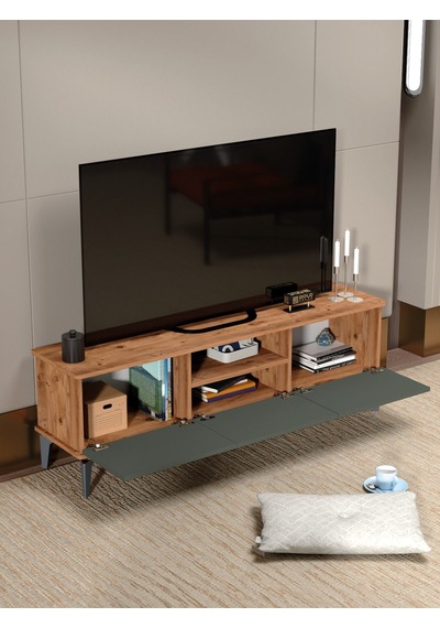Tv Sehpası Tv Ünitesi Atlantik Çam Antrasit Gold 160 Cm Saraylı 5060 Kahverengi