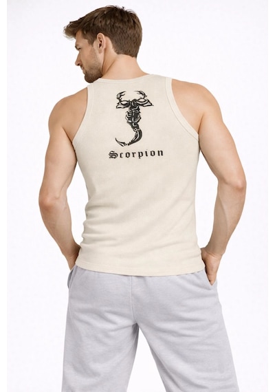 Novalisse Erkek Fitilli Atlet Sıfır Yaka Slim Fit Arka Baskılı Spor Atlet - Krem Çoklu Renk