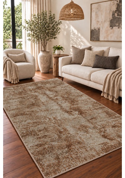 Vivanni Home Ashlynn Polyester Vintage Halı Pamuk Atkı Tabanlı Modern Dokuma Ev Halısı Bej Kiremit