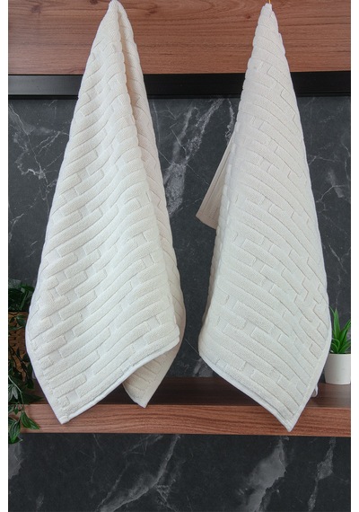 Tuğla Desenli 2li Ayak Havlusu - 50x70 Cm - Su Emici Banyo Paspası Seti - Beyaz Beyaz