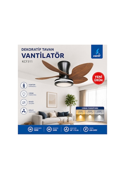 Vanti 28inç 71cm Led Işıklı Dekoratif Tavan Vantilatörü 30w Uzaktan Kumandalı 5 Pervane Koyu Renk Kcf311