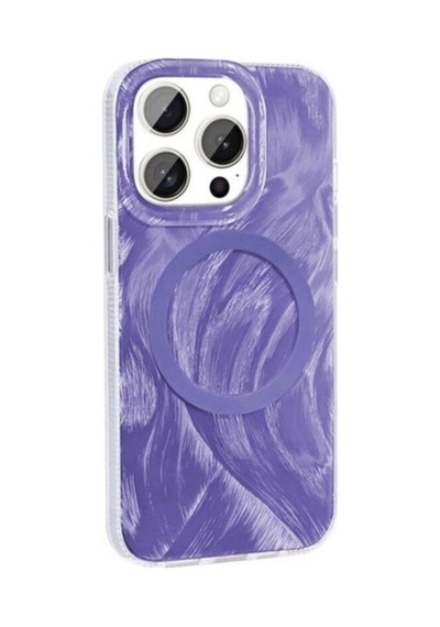 Apple Uyumlu iPhone 15 Pro Max Kılıf M-safe Şarj Özellikli Fırça Boya Desenli Zore Palet Kapak Mor
