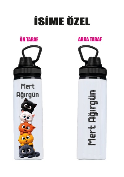 İsime Özel Metal Suluk - Su Matarası 800ml. Beyaz - Siyah