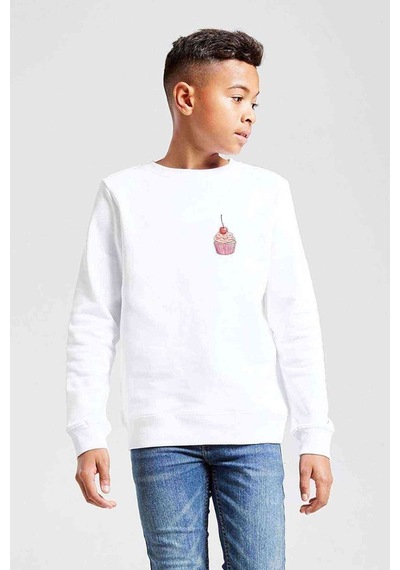 Tshirthane Watercolor Cupcake Baskılı Unisex Çocuk Beyaz Sweatshirt Beyaz