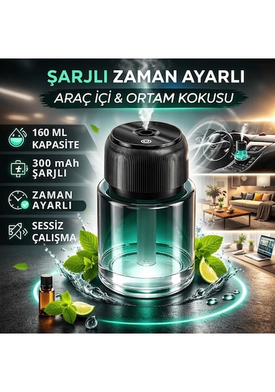 Coofbe Otomatik 160ml Şarjlı Araç Aroma Difüzör Oto Kokusu Işıklı Ev Oda Araba Koku Makinası Aromaterapi