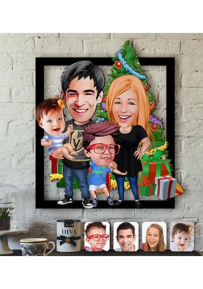 Kişiye Özel Yeni Yıl Aile Karikatürlü 3D Ahşap Tablo-5 (462902011)