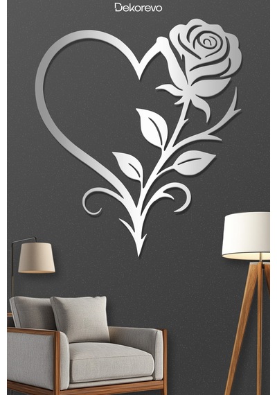 Aşkın Baharı: Güllü Kalp Metal Duvar Tablosu - Metal Duvar Sanatı - Gümüş - 65 X 75 Cm