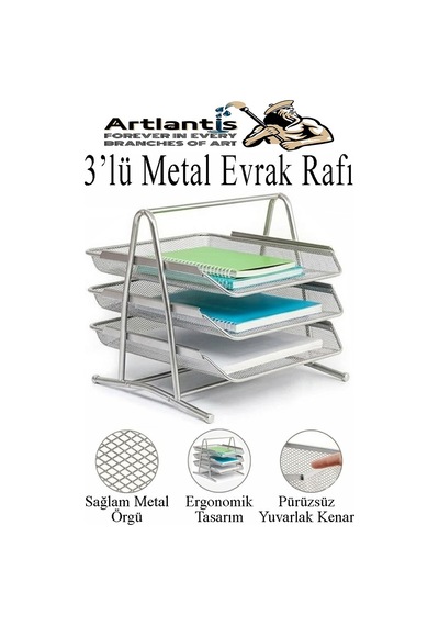 Renkli Metal Evrak Rafı 3 Lü 1 Paket Masa Üstü A4 Dosya Düzenleyici Kağıt Tepsisi Metal Fileli Üç Katlı Hareketli Perfore Gümüş