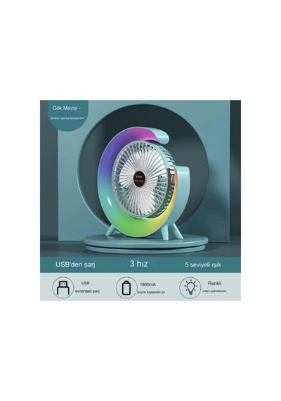 Masaüstü Vantilatör Usb Şarjlı Rgb Led Işıklı 3 Kademeli 180 Ayarlanabilir Soğutucu Fan Mavi Diğer