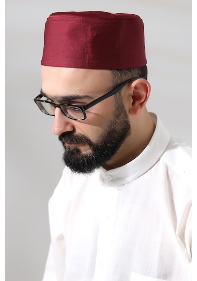 Bordo Kapitone Elif Vav Nakışlı Kalıp Namaz Takkesi Bordo