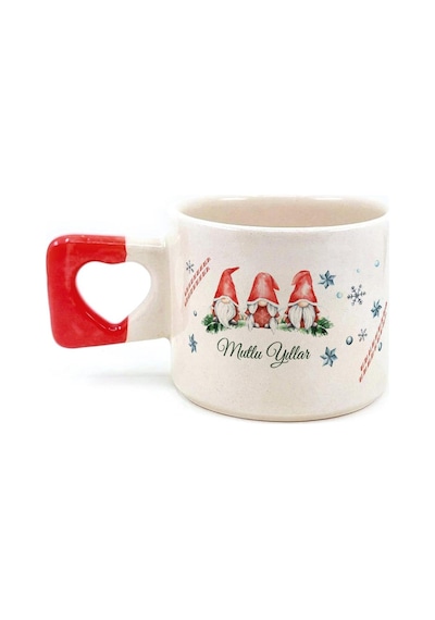 Mutlu Yıllar 3 Noel Baba Baskılı Kırmızı Kulplu Kalp Yılbaşı Kupası
