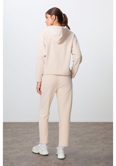 Tommy Life Bej Kalın Yumuşak Dokulu Kapüşonlu Oversize Nakışlı Polar Kadın Eşofman Takım -95338 Bej