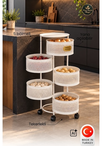 River World Tekerlekli Rengi Beyaz Açılabilen 5 Katlı Çok Amaçlı Metal Raf Mutfak, Balkon, Kiler Çok Renkli