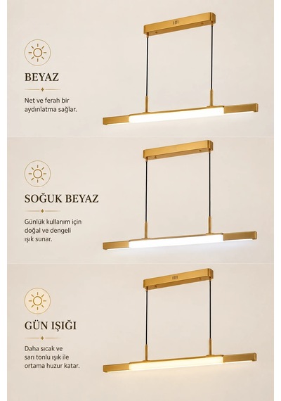 Modern Premium Led Sarkıt Avize Gold Kasa Lineer Yemek Masası Mutfak Ve Salon Avizesi 40w 3 Renk Beyaz