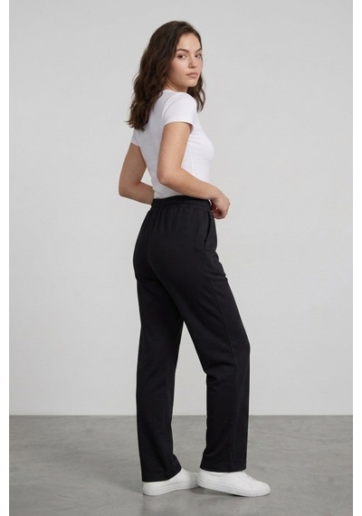 Genius Store Kadın Pantolon Beli Lastikli Cepli Rahat Kalıp Kadın Spor Pantolon Siyah