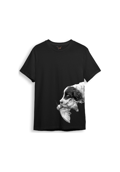 Hunter Avcılık Baskılı Av Köpeği Ağzında Çulluk Yan Detay Bakılı %100 Pamuk Regular Fit T-shirt Siyah