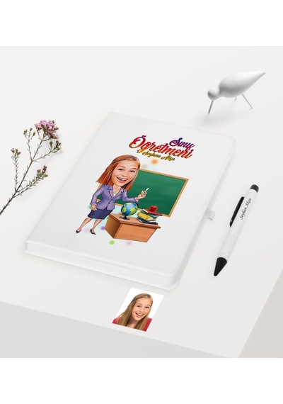 Kişiye Özel Bayan Öğretmen Temalı Karikatürlü Beyaz Defter Kalem N11.1069