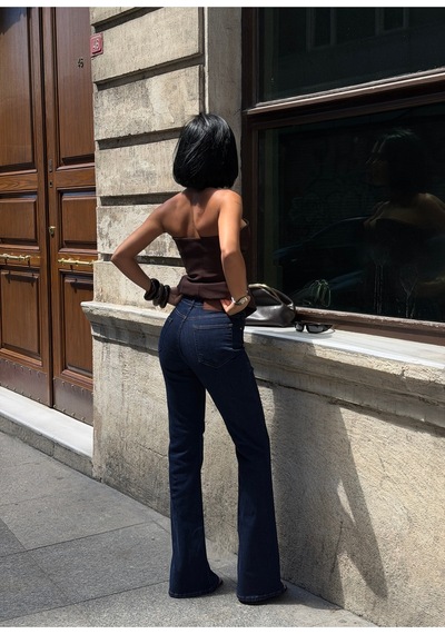 Meecy Kadın Koyu Mavi Yüksek Bel Flare Bootcut Denim Pantolon Lacivert Lacivert