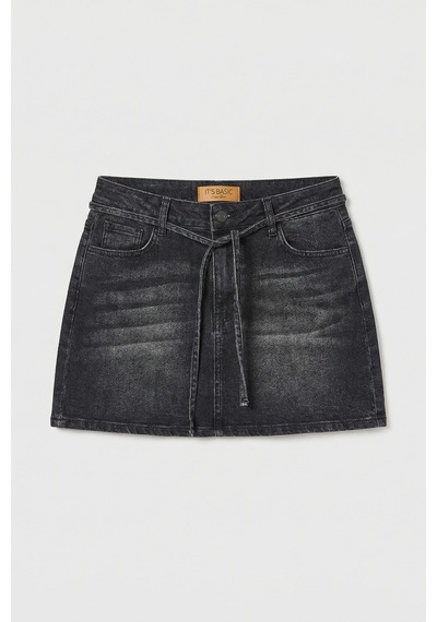 Kadın Koyu Füme 2s6-1 Straight Fit Kemer Detaylı Elastan Mini Denim Etek