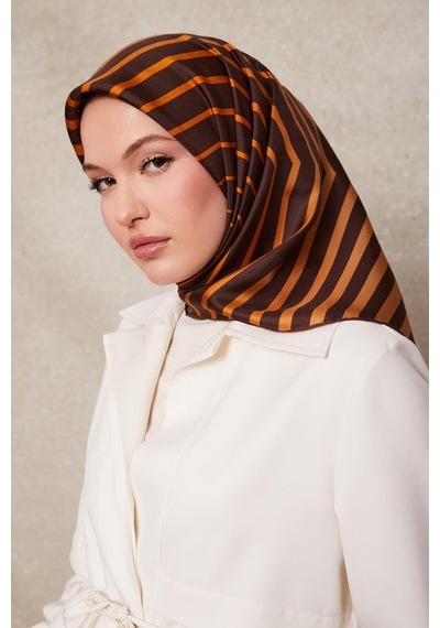 Levidor Şerit Desen Twill İpek Eşarp-0909 Kahve