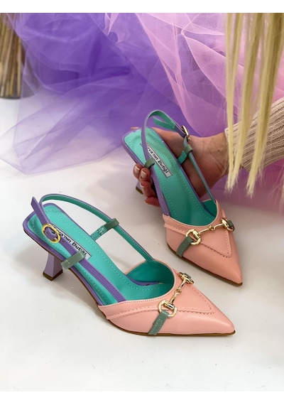 Ervanın Butiği Pembe Yeşil Deri Moss Toka Detay Kadın Stiletto-3536