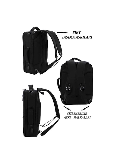 Case Club 1407 Laptop Sırt El Ve Omuz Çantası 15,6 İnç Usb Aparatlı Omuz Askılı Su Geçirmez Kumaş Siyah