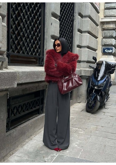 Glammoss L'atelier Kabarık Yaka Kürk Ceket Glm-579 Bordo Bordo