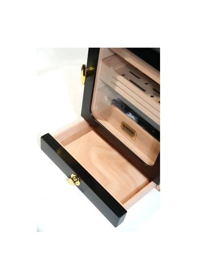 Premiumquality Las Condes Aksesuar Çekmeceli İçi Ledli Siyah Sedir Humidor Puro Kutusu - Tr9827