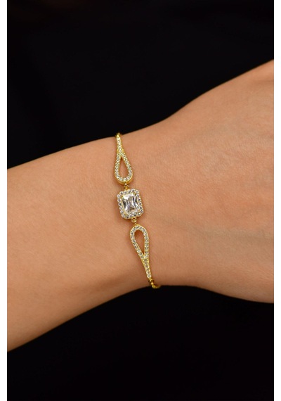 Zirkon Taşlı Gold Tektaş Baget Gümüş Bileklik B10031