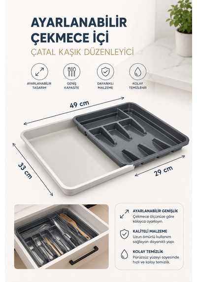 Ayarlanabilir Gri Kaşıklık Organizer Genişleyebilir Çekmece İçi Düzenleyici Gri-antrasit Gri - 908677319 Gri