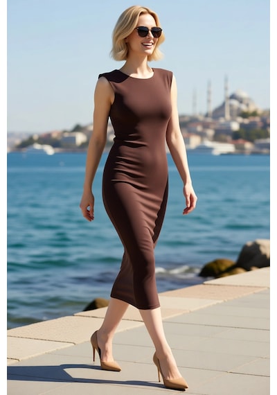 Benerly Kadın Kolsuz Bodycon Maxi Elbise Sırt Detaylı Sandy Dokulu Party Kahverengi