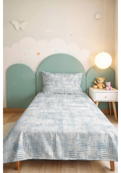 Mavi Geometrik Modern Tek Kişilik Pike Takımı - Beyaz Minimal Çizgili 160x220 Cm Yatak Örtüsü Lavantaımsı Kabuğu Demi