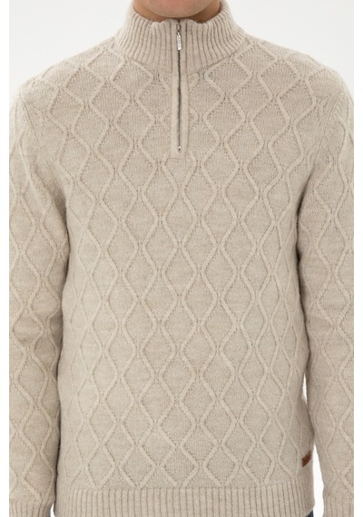 U.S. Polo Assn. Erkek Regular Fit Yarım Fermuarlı Desenli Taş Kazak 50315035-VR049