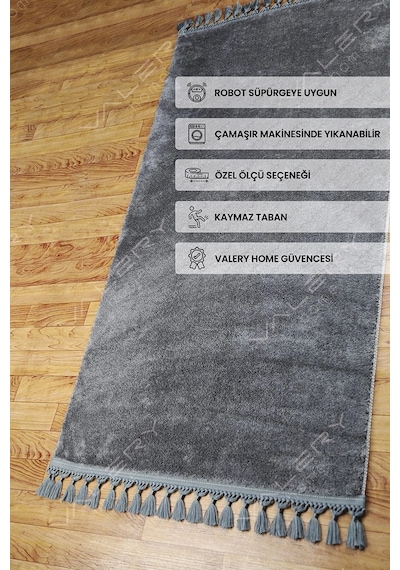 Comfort Ponpon Saçaklı Peluş Halı Antrasit Antrasit Ponpon Saçaklı