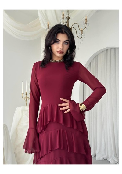 Nils Butik Katlı Şifon Detaylı Uzun Abiye Elbise Bordo