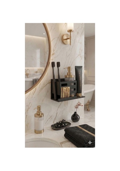 Rosdeer Lüks Yapışkanlı Banyo Düzenleyici Raf - Siyah Diş Fırçalık Ve Macun Standı Siyah