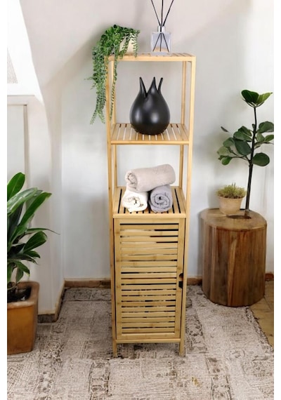 Digithome Bambu Tek Kapaklı 3 Raflı Çok Amaçlı Banyo Düzenleyici Organizer Dik Dolap Jwbw-5049