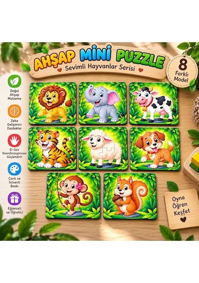 8 Adet 10x10 Cm Ahşap Hayvanlar Mini Puzzle Seti Animal