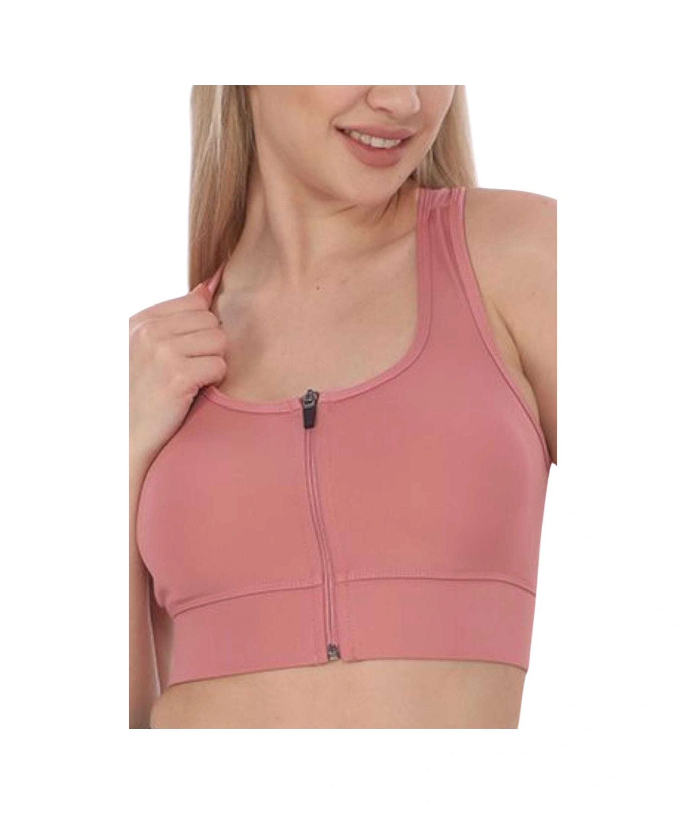 Tezzgelsin Kadın Fermuarlı Sporcu Crop Kadın Büstiyer Pudra