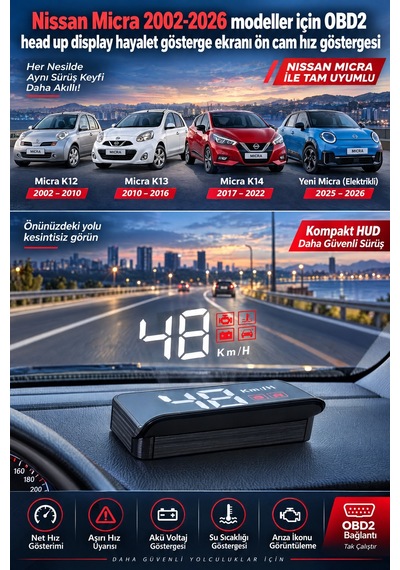 Nissan Micra 2002-2026 Modeller İçin Obd2 Head Up Display Hayalet Gösterge Ekranı Ön Cam Hız Göstergesi