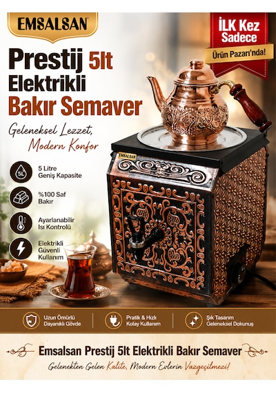 Emsalsan Prestij 5 L Elektrikli Bakır Demlik Semaver